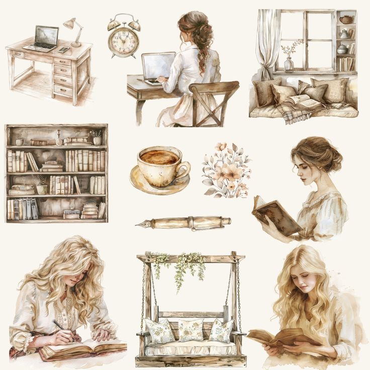 watercolor illustrations of women reading books and writing