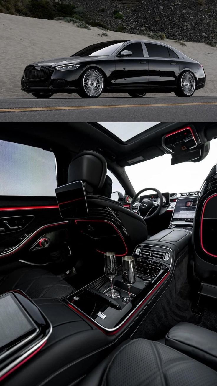 the inside and outside view of a black car with red trims on it's dash