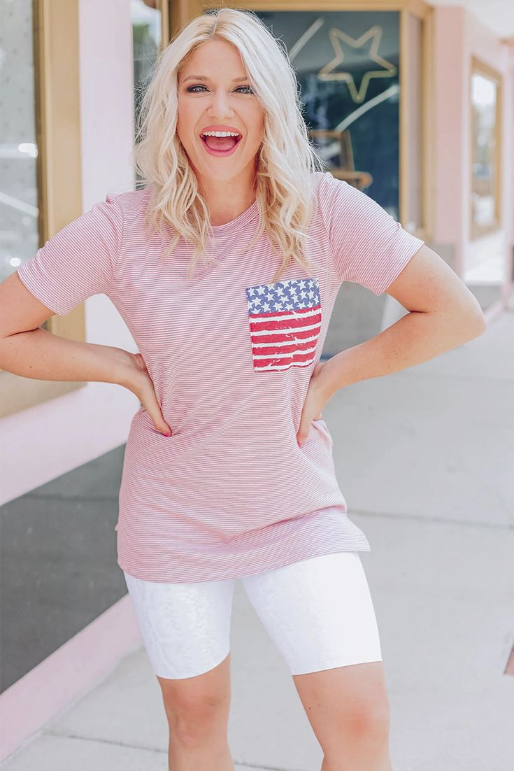 Pink Only In America Pocket Striped T-shirt Summer Flag Print T-shirt With Relaxed Fit, American Flag Print T-shirt For Spring, Spring American Flag Print Relaxed T-shirt, Spring Relaxed Fit T-shirt With American Flag Print, Graphic Tee For 4th Of July With Crew Neck, 4th Of July Graphic Tee With Crew Neck, Casual Crew Neck T-shirt With Flag Print, Summer Flag Print Crew Neck T-shirt, Summer Crew Neck T-shirt With Flag Print