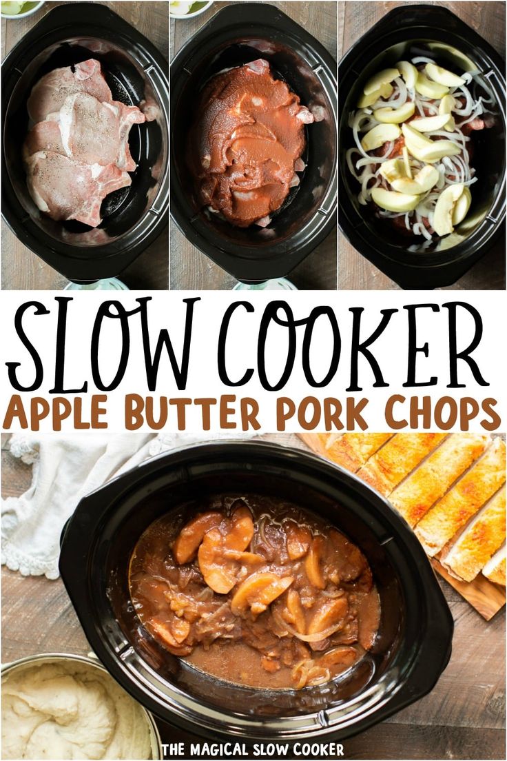 slow cooker apple butter pork chops in the crock pot with text overlay