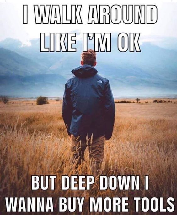 a man standing in a field with the caption i walk around like i'm ok but deep down i want to buy more tools