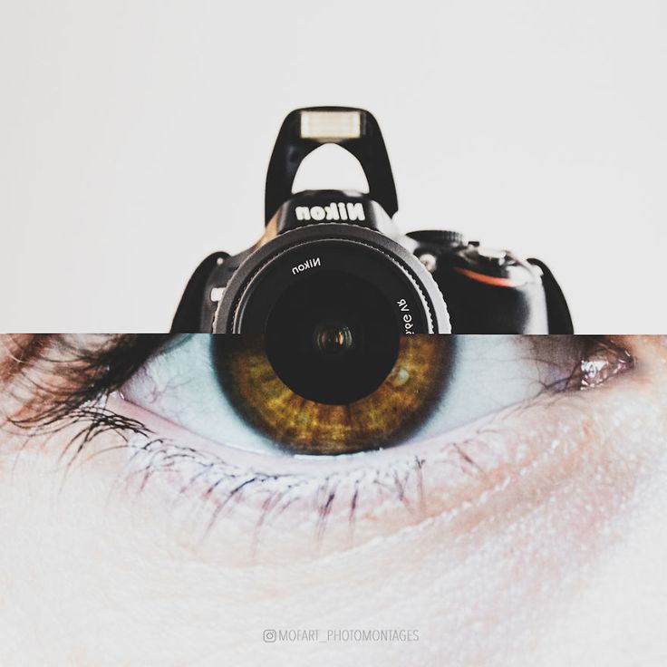 a camera is reflected in the eye of a woman's face, with an image of a photographer behind it