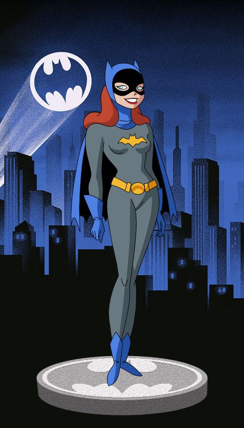 the animated batgirl is standing in front of a cityscape