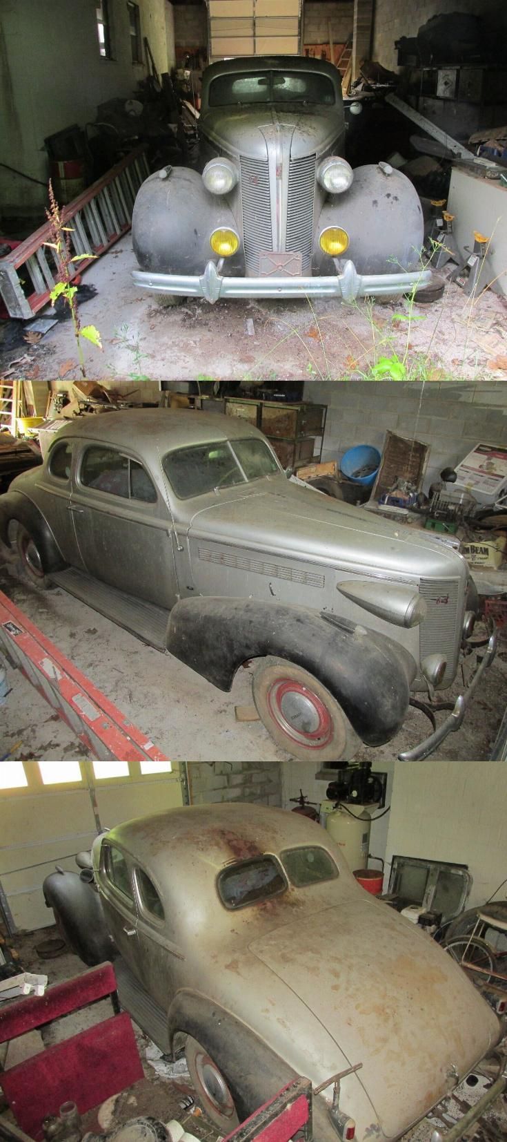 an old car is being worked on in a garage