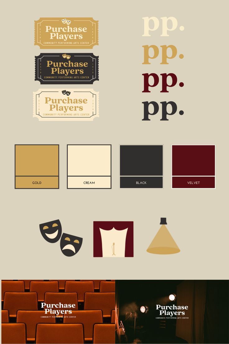 various logos and business cards for theatre company ppp, including theater seats with masks on them