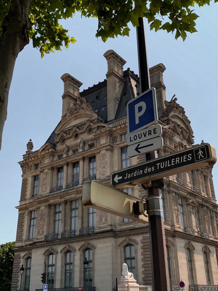 a street sign in front of a large building