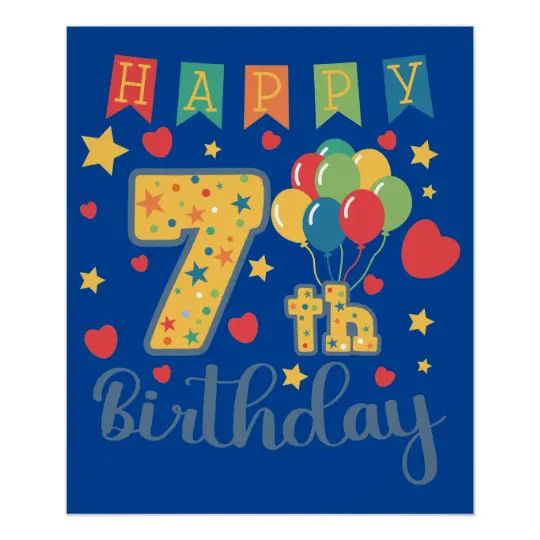 a blue birthday card with the number seven and balloons in the shape of stars on it