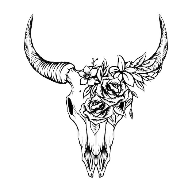 a bull skull with flowers on it's head