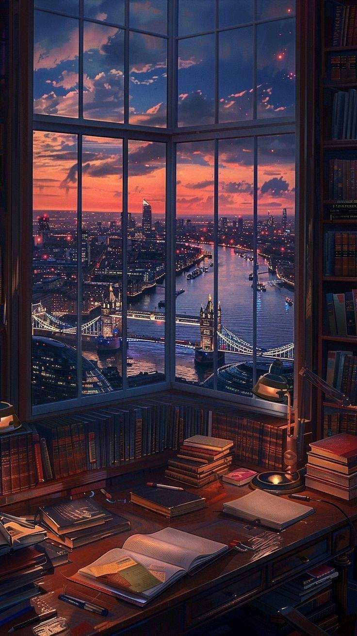 an office with a view of the city at sunset or dawn from it's window