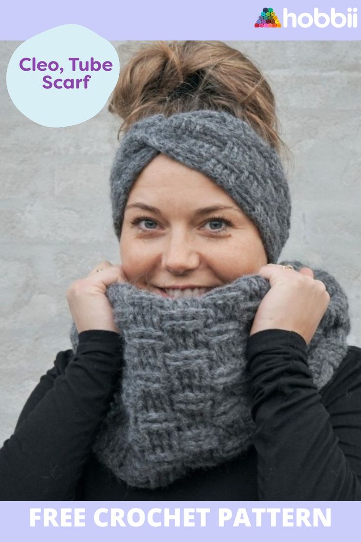 a woman wearing a gray crochet headband with the text free crochet pattern