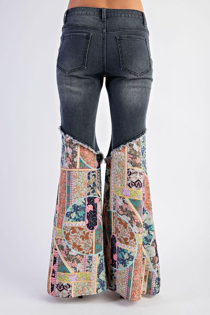 Details Brand: Easel Bell Bottom Jeans Features A Denim Top and a Mixed Print Fabric Bottom Button and Zip Fly Flared Legs Mixed Print of Paisley and Bandana Patterns Distressing where contrasting fabrics meet 5 Pockets TRUE TO SIZE Material and Care 70% Cotton 20% Polyester 9% Rayon 1% Spandex Hand Wash Cold Dry Flat Measurements of Garment Waist of the garment is measured straight across the top of the waistband then doubled. Rise of the garment is measured down the middle from the top of the Black Wash Jeans, Umgee Clothing, Boho Jeans, Bottom Jeans, Love Clothing, Bandana Print, Washed Denim, Bell Bottom, Edgy Outfits