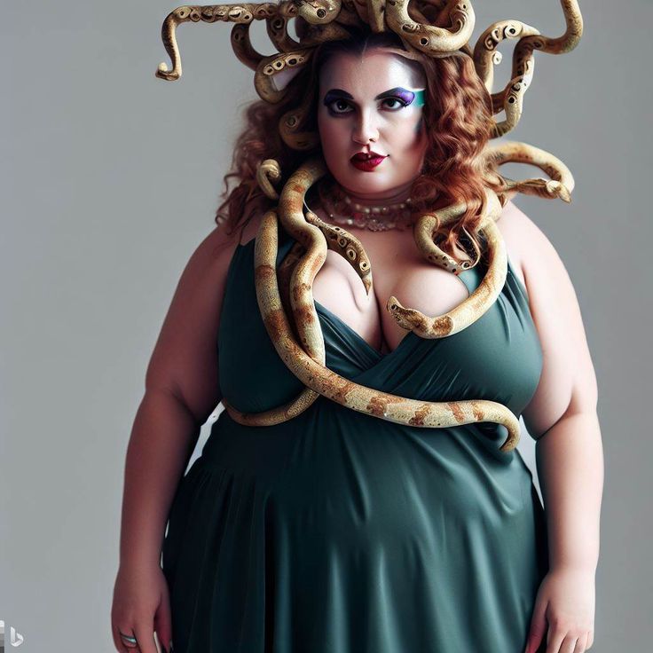 a woman in a green dress with large snakes on her head, and an enormous snake wrapped around her neck