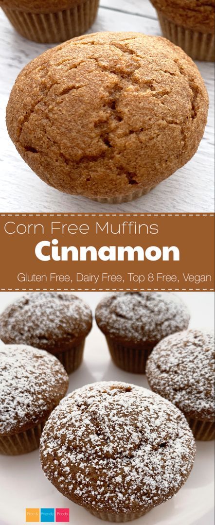 corn free muffins on a white plate with text overlay that reads corn free muffins cinnamon gluen free, dairy free, top and vegan