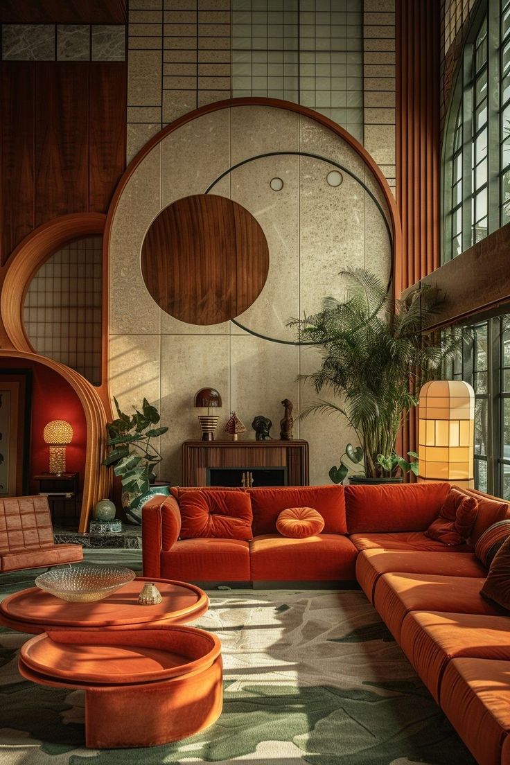 a large living room with orange couches and round mirrors on the wall above them