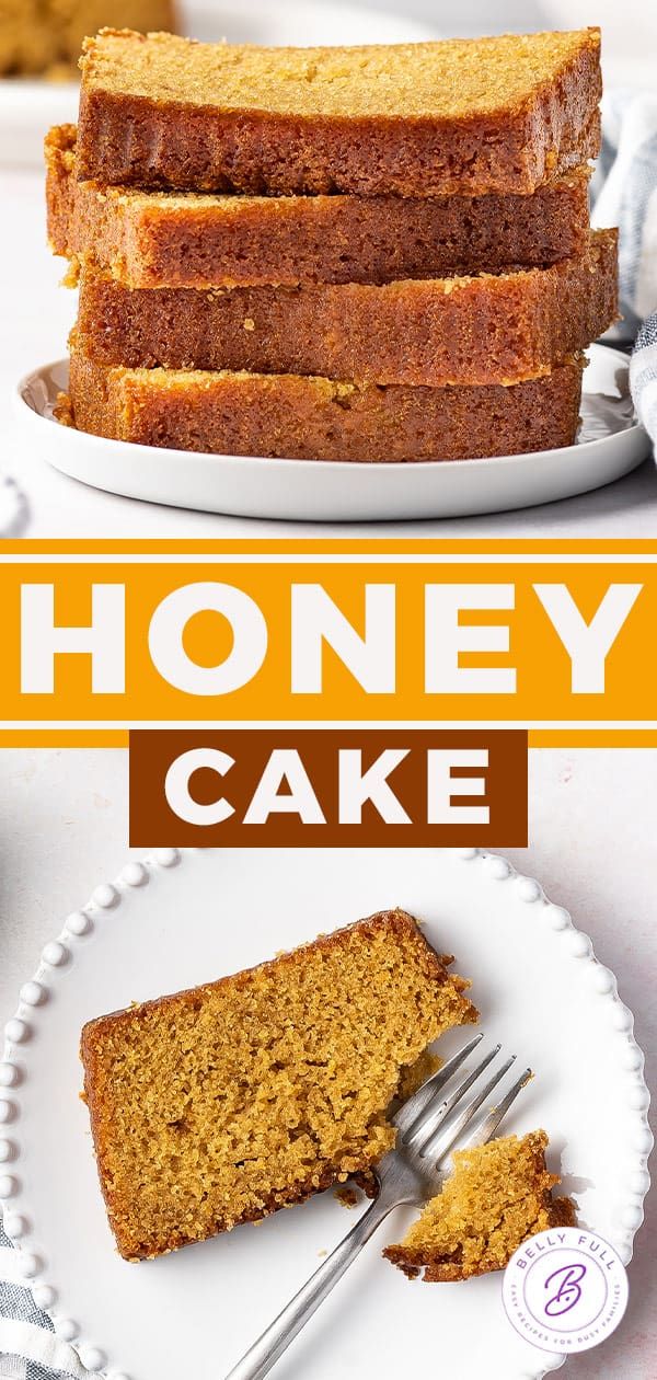 there is a plate with cake on it and the words honey cake are in front of it