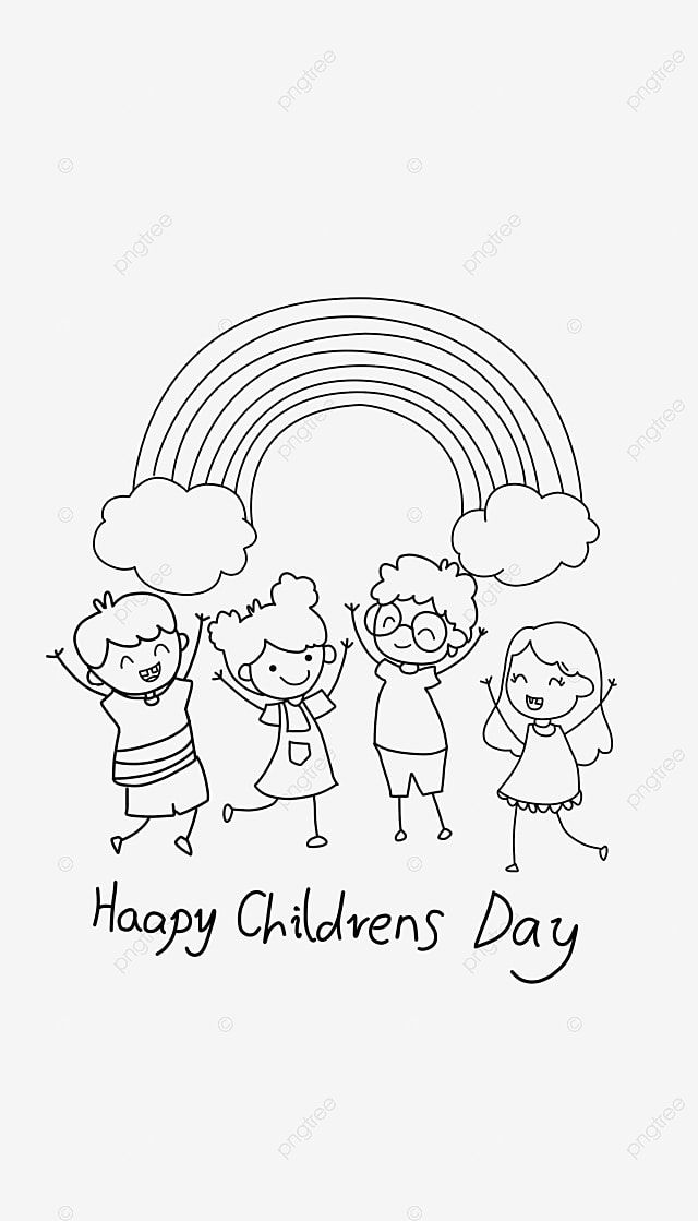 happy children's day coloring page with three kids and a rainbow in the background