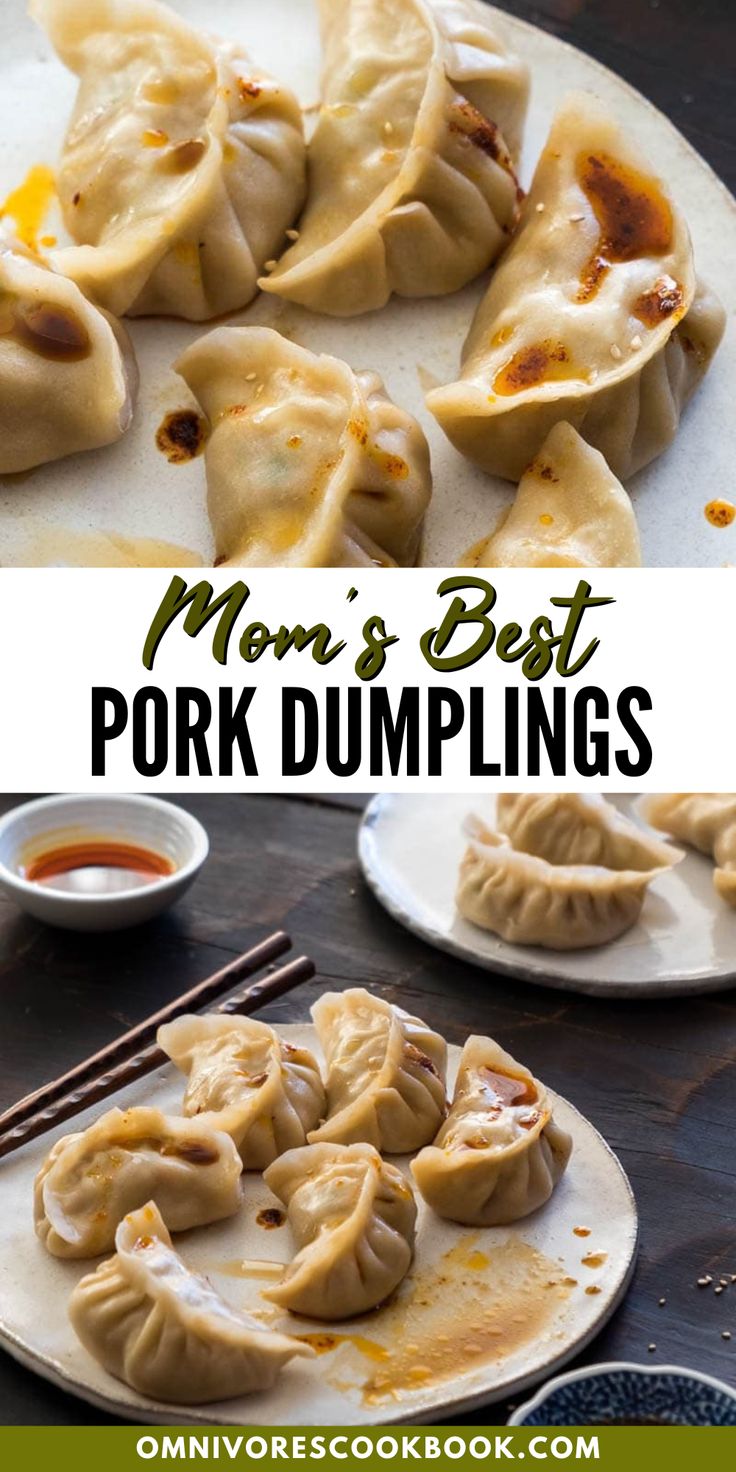 mom's best pork dumplings on a plate with chopsticks