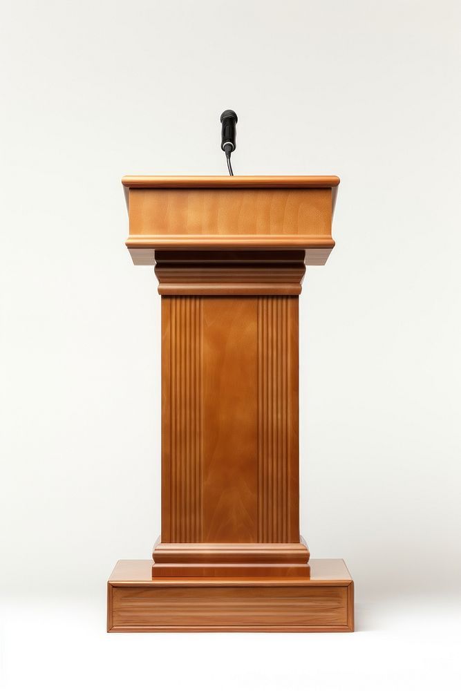 a wooden podium with a microphone on top