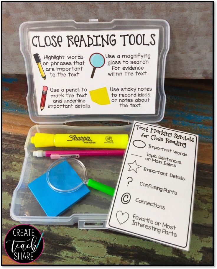 close reading tools in a plastic container with writing paper and markers on the inside side