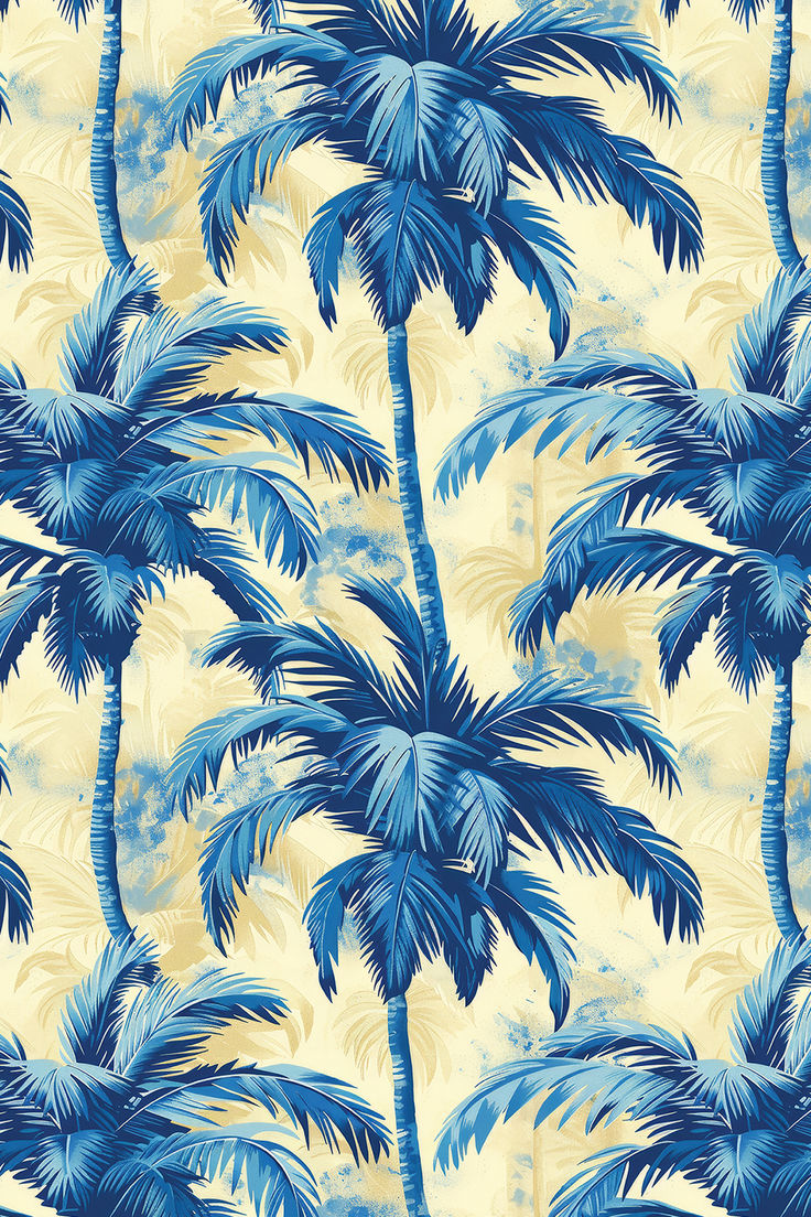 a blue and yellow palm tree wallpaper