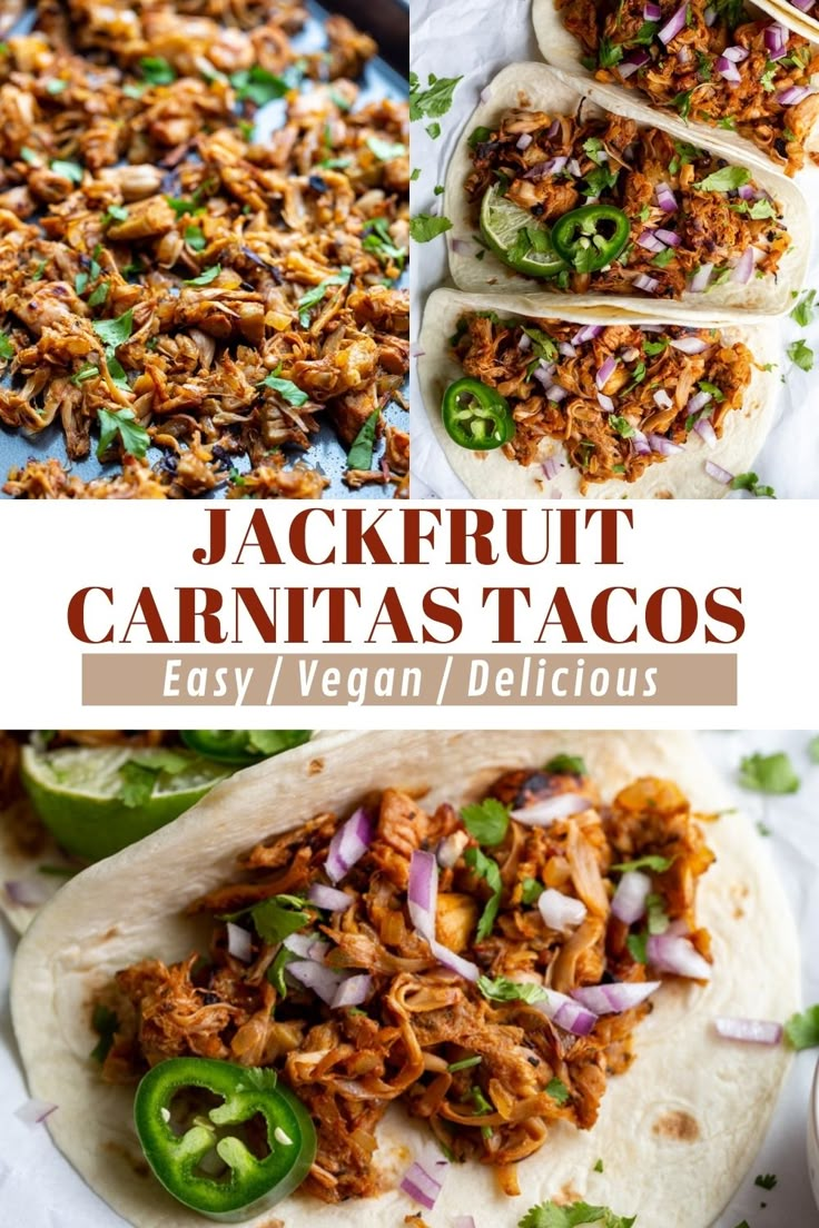 jackfruit carnitas tacos with peppers and onions