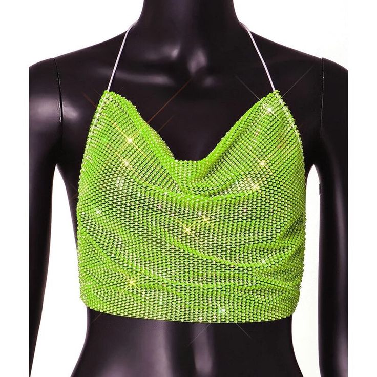 Neon rhinestone see through backless top. Party Backless Halter Top With Built-in Bra, Summer Party Mesh Top With Built-in Bra, Evening Backless Top With Built-in Bra, Glamorous Halter Neck Top For Party Season, Y2k Backless Top For Night Out, Y2k Tops With Built-in Bra For Night Out, Sequin Halter Neck Top For Night Out, Spring Party Backless Tops, Glamorous Halter Neck Tops For Night Out