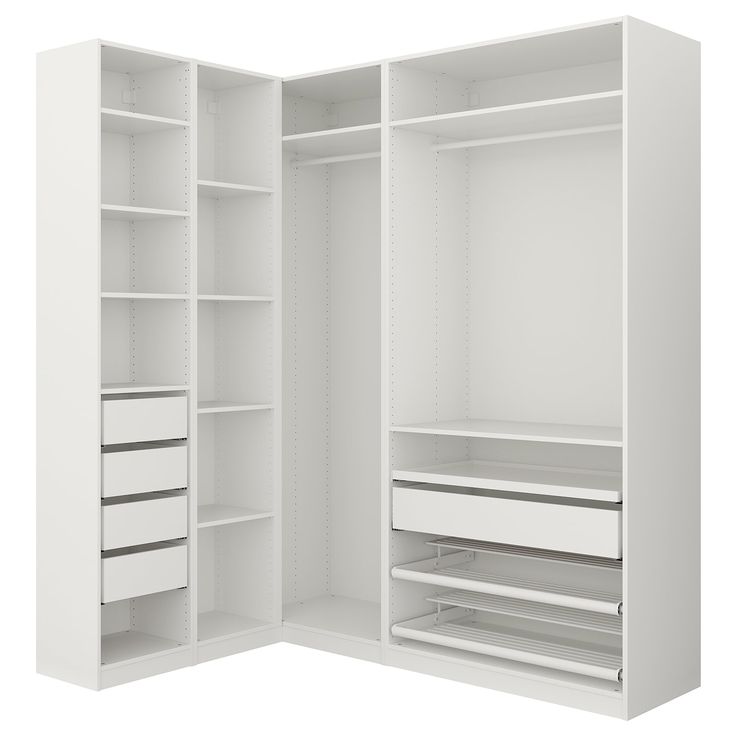 an open white closet with shelves and drawers