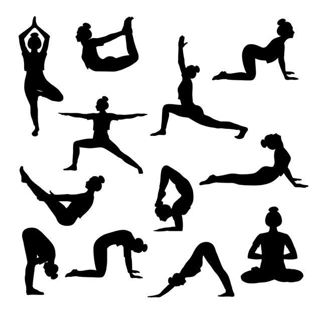 silhouettes of people doing yoga poses