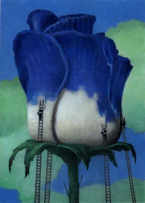 a painting of blue flowers with ladders going up to them in front of a cloudy sky