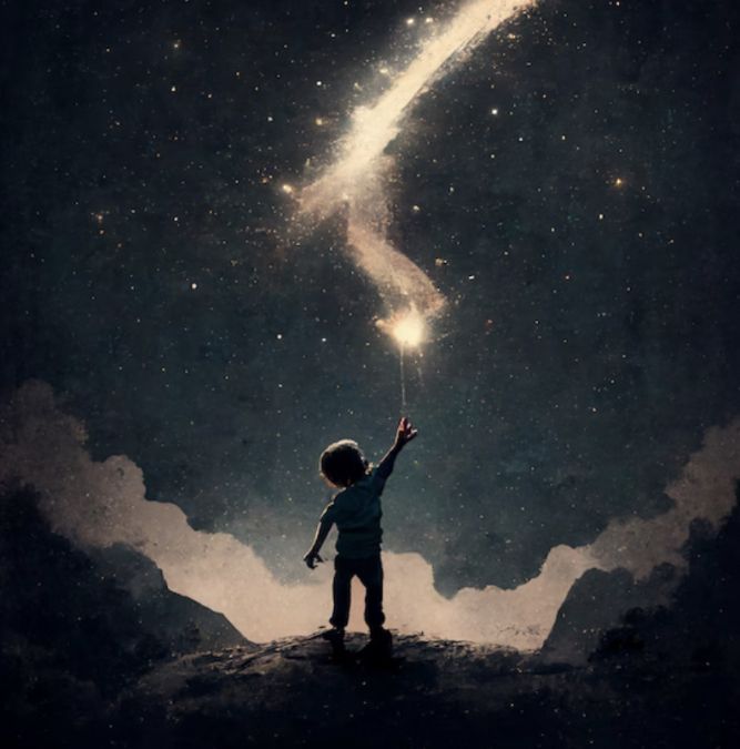 a young boy standing on top of a mountain under a sky filled with stars and a shooting star