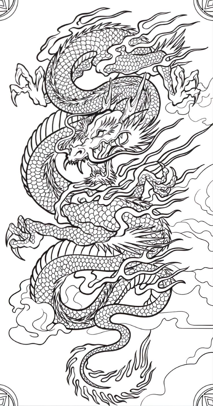 a dragon tattoo design with clouds in the background