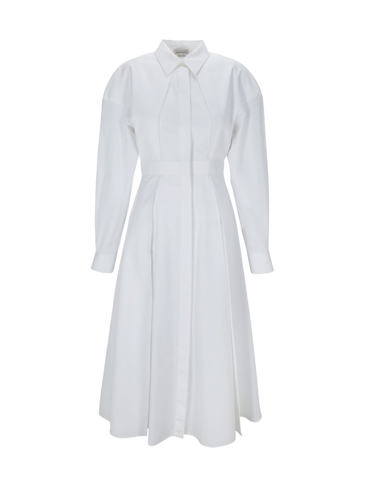 100% Cotton Formal A-line Cotton Shirt Dress, Elegant Cotton Workwear Dresses, Elegant Cotton Dress For Work, Elegant Midi Shirt Dress With Pleated Sleeves, Elegant Formal Cotton Midi Dress, Elegant Cotton Midi Dress For Formal Occasions, Elegant Cotton Midi Dress For Formal Events, Classic Evening Cotton Dresses, Chic Long Shirt Dress For Dress Down Occasions