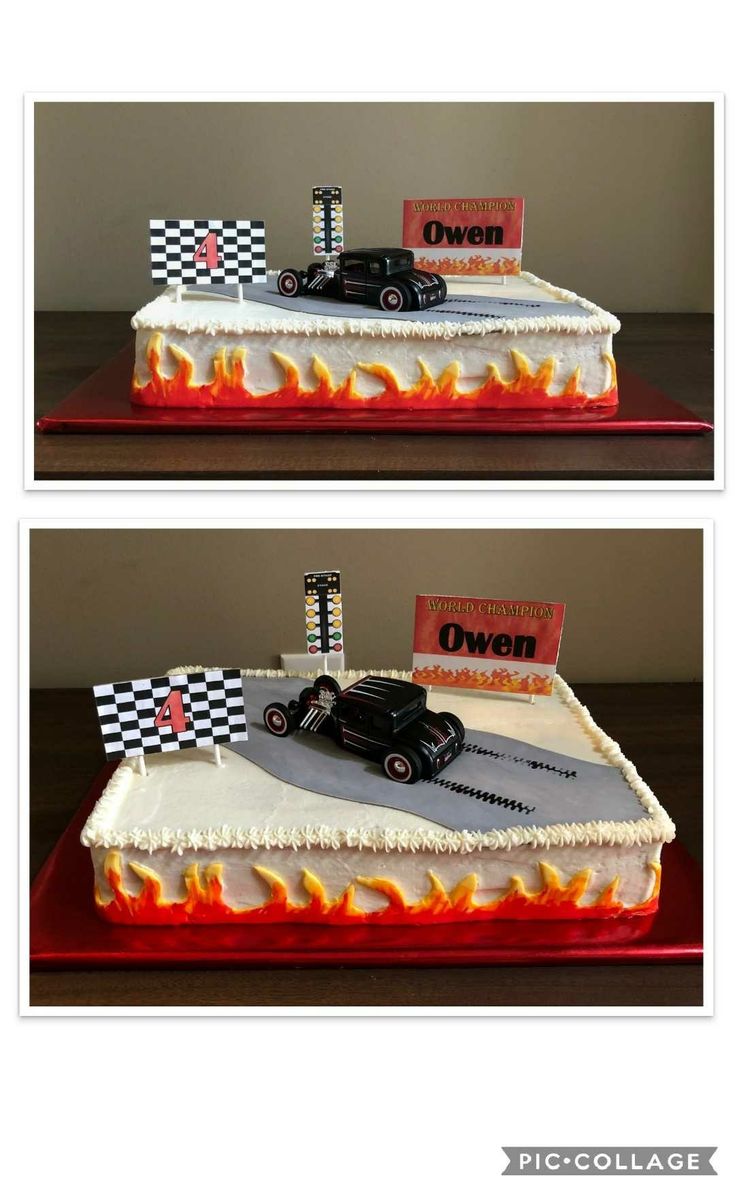 two pictures of a cake that has cars on it and flames coming out of the top