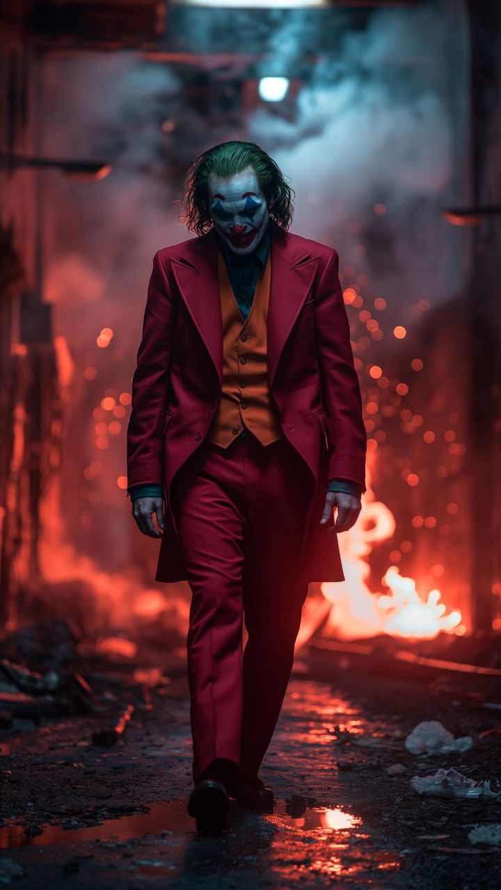 a man in a red suit and clown makeup walking down the runway at a fashion show