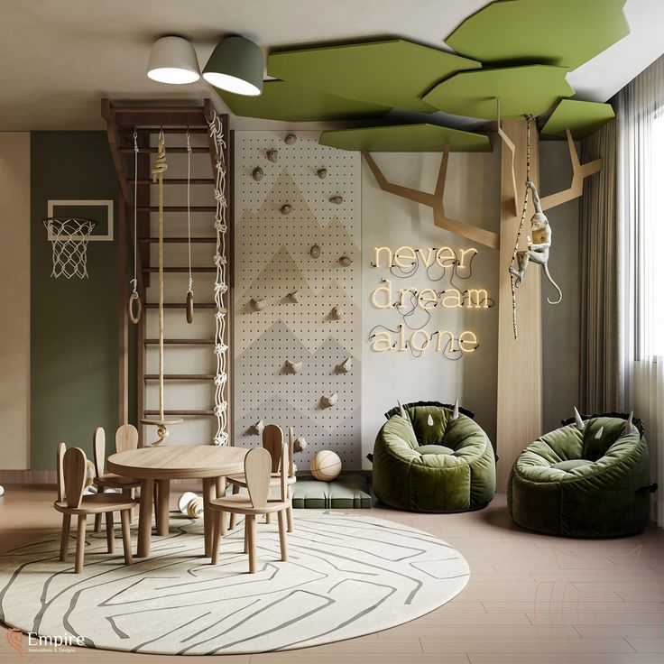 a child's playroom with green furniture and accessories on the floor, along with a ladder