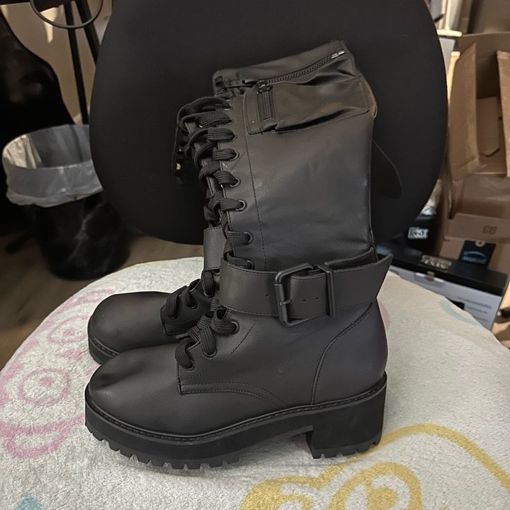 Never Worn. Size 8 Edgy Black Fitted Combat Boots, Black Fitted Edgy Combat Boots, Black Moto Boots For Spring, Casual Black Combat Boots For Fall, Trendy Fitted Black Combat Boots, Trendy Black Moto Boots For Spring, Chic Black Moto Boots For Fall, Trendy Black Moto Boots, Casual Black Boots With Buckle Closure