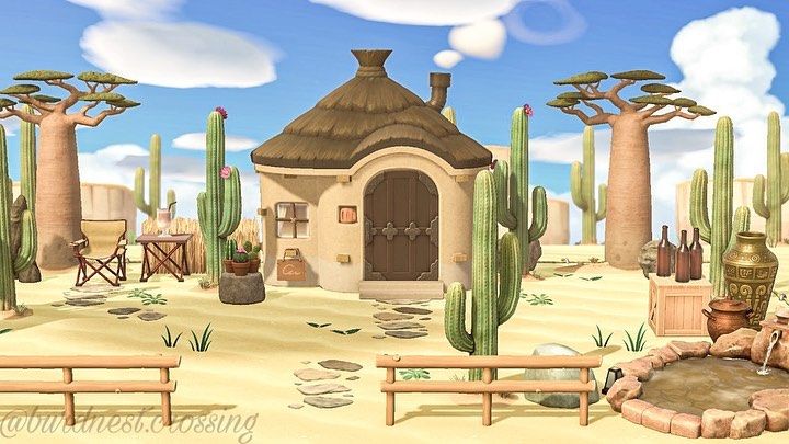 a desert scene with cactus trees and a small hut in the middle, surrounded by benches