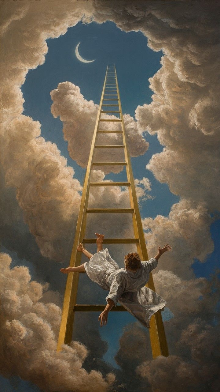 a painting of a man standing on a ladder reaching up into the sky with clouds