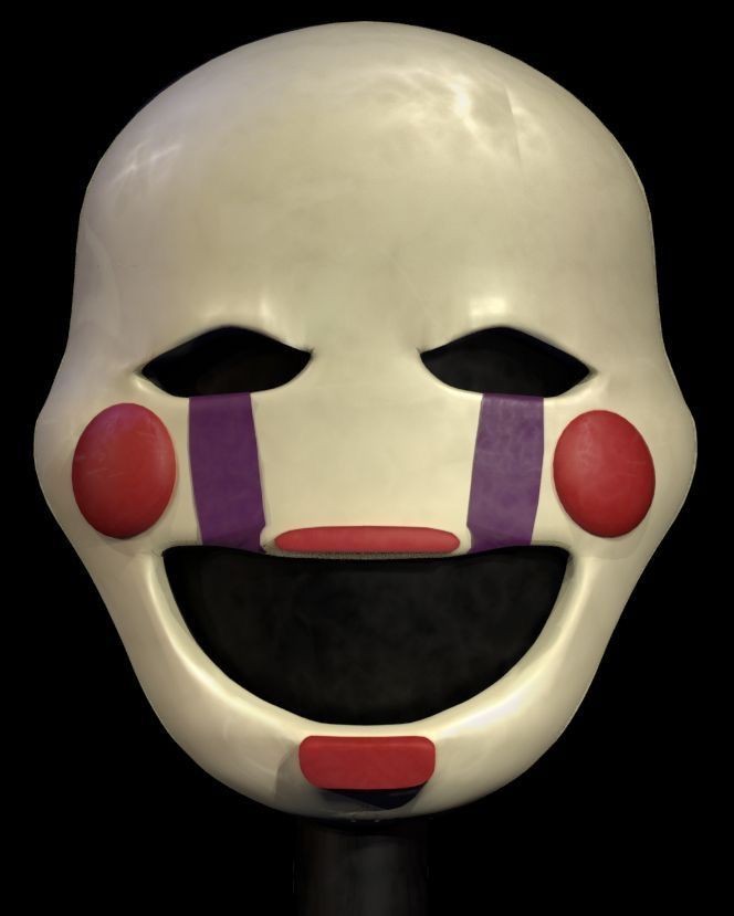 a white mask with red, purple and black stripes on it's face is shown in front of a black background