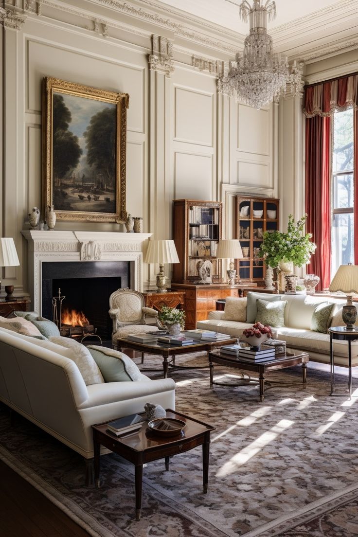 a living room filled with furniture and a fire place in the middle of a room