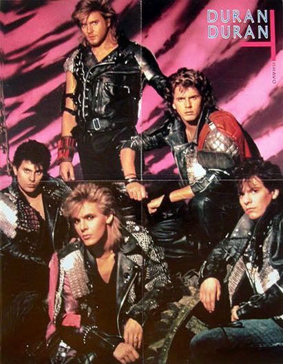 an advertisement for the band duran duran, featuring four men in leather jackets and one man with