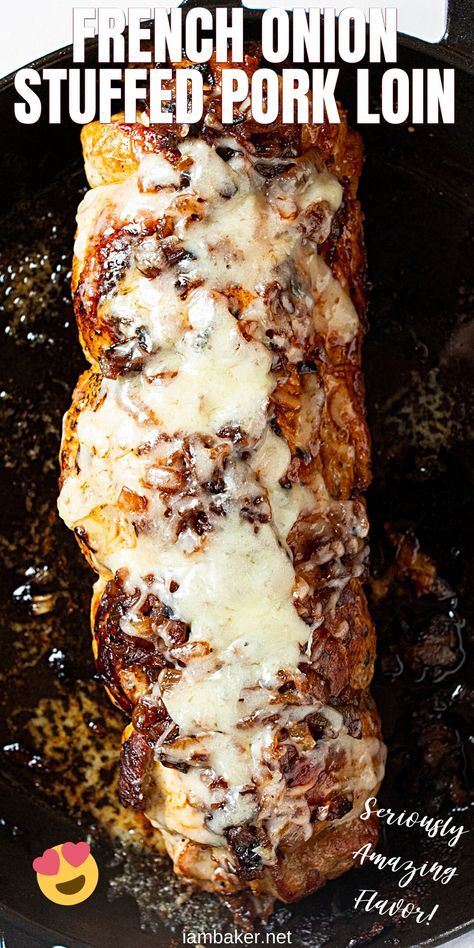 a close up of food on a plate with the words french onion stuffed pork loin