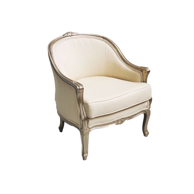 a white chair with gold trimmings on the arm and back, sitting against a white background