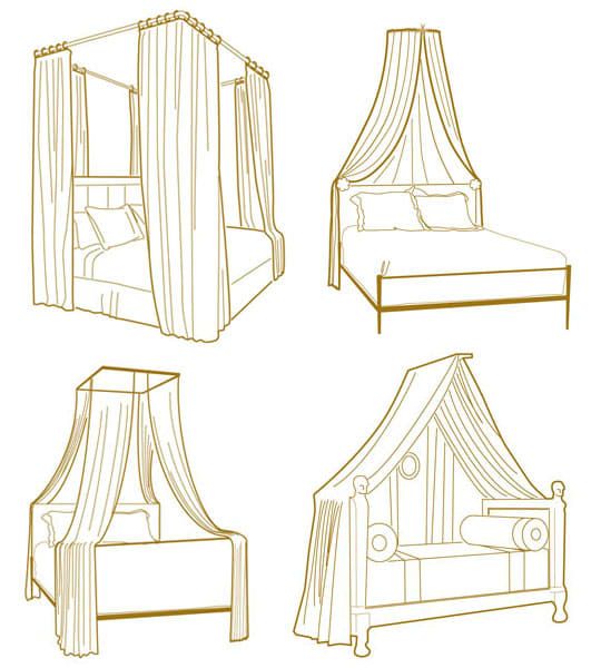 four different types of canopy beds with curtains on top and bottom, one in the middle