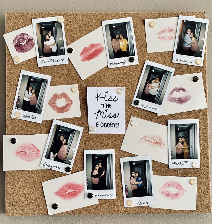 a cork board with pictures and magnets on it that says kiss the miss goodbye