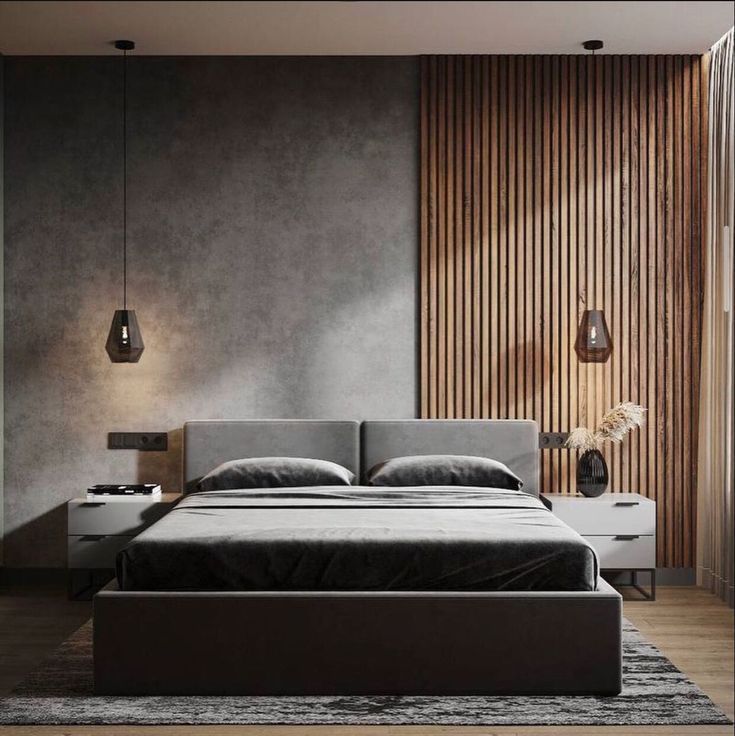 a modern bedroom with wooden slats on the wall and bed in the center, along with two nightstands