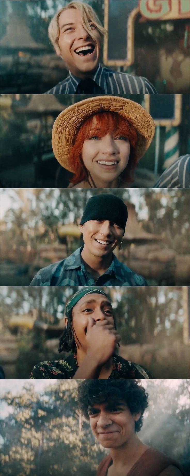 the faces of two people with hats on, one smiling and another looking up at something