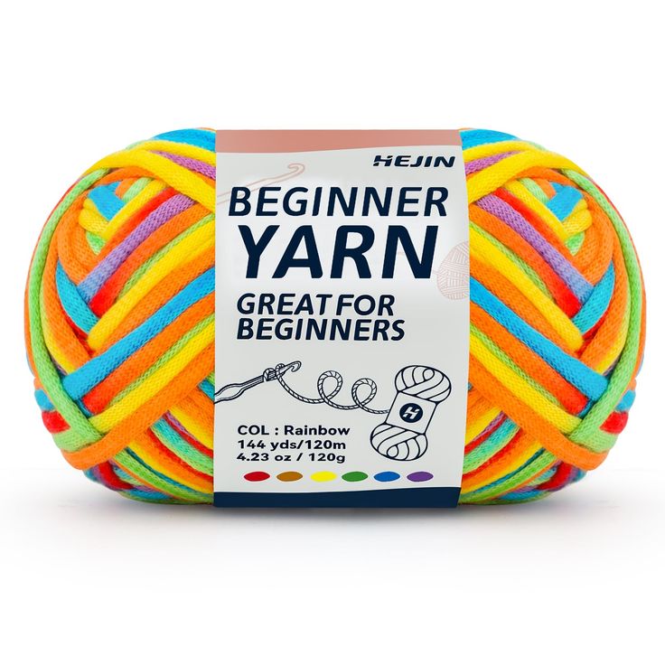 a ball of yarn that is multicolored and has the words beginner yarn on it