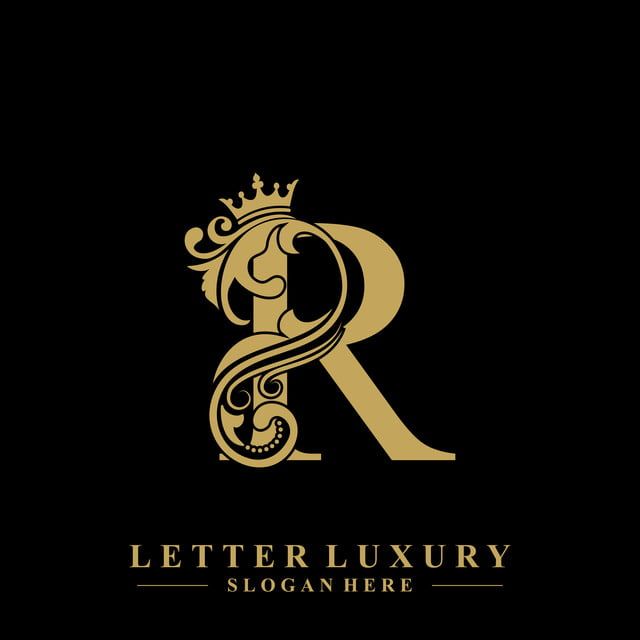 the letter r with a crown on it's head is shown in black and gold