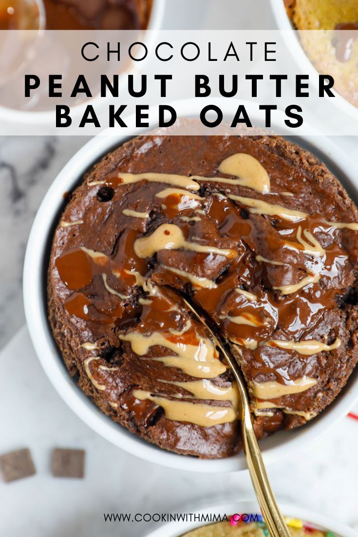 chocolate peanut butter baked oats with caramel drizzle on top and in a white bowl